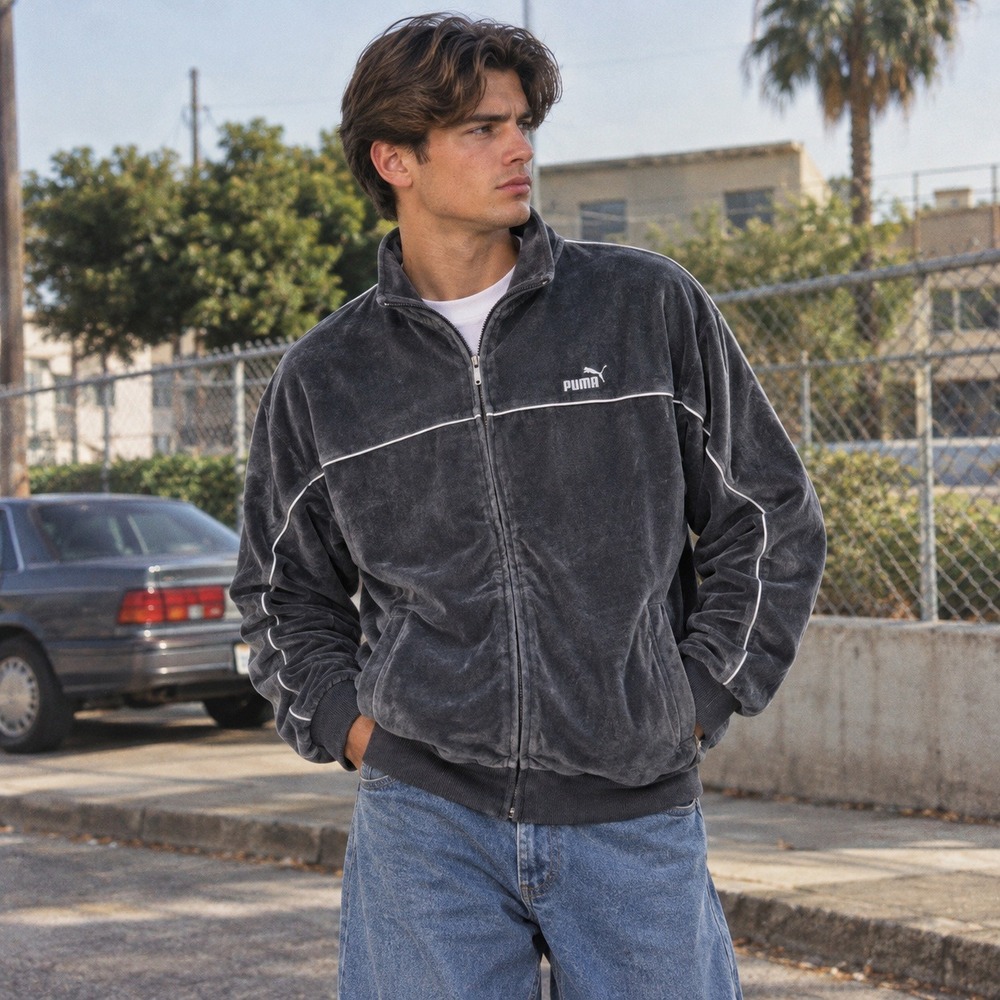 PUMA Mens Size 2XL Velour Track Jacket Gray Full Zip Mock Neck Activewear Y2K